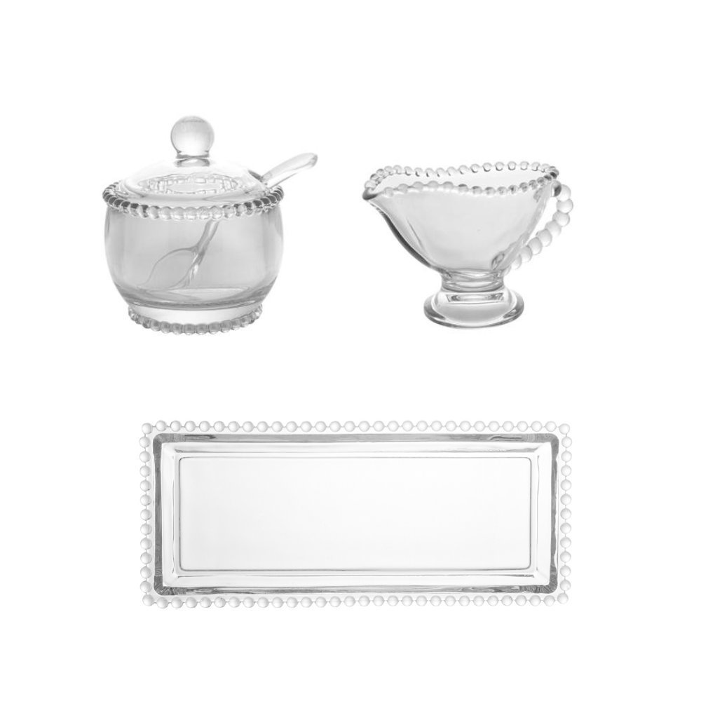 Kit Açucareiro + Molheira + Travessa Pearl Bolinha Wolff Transparente em Oferta na Shopee