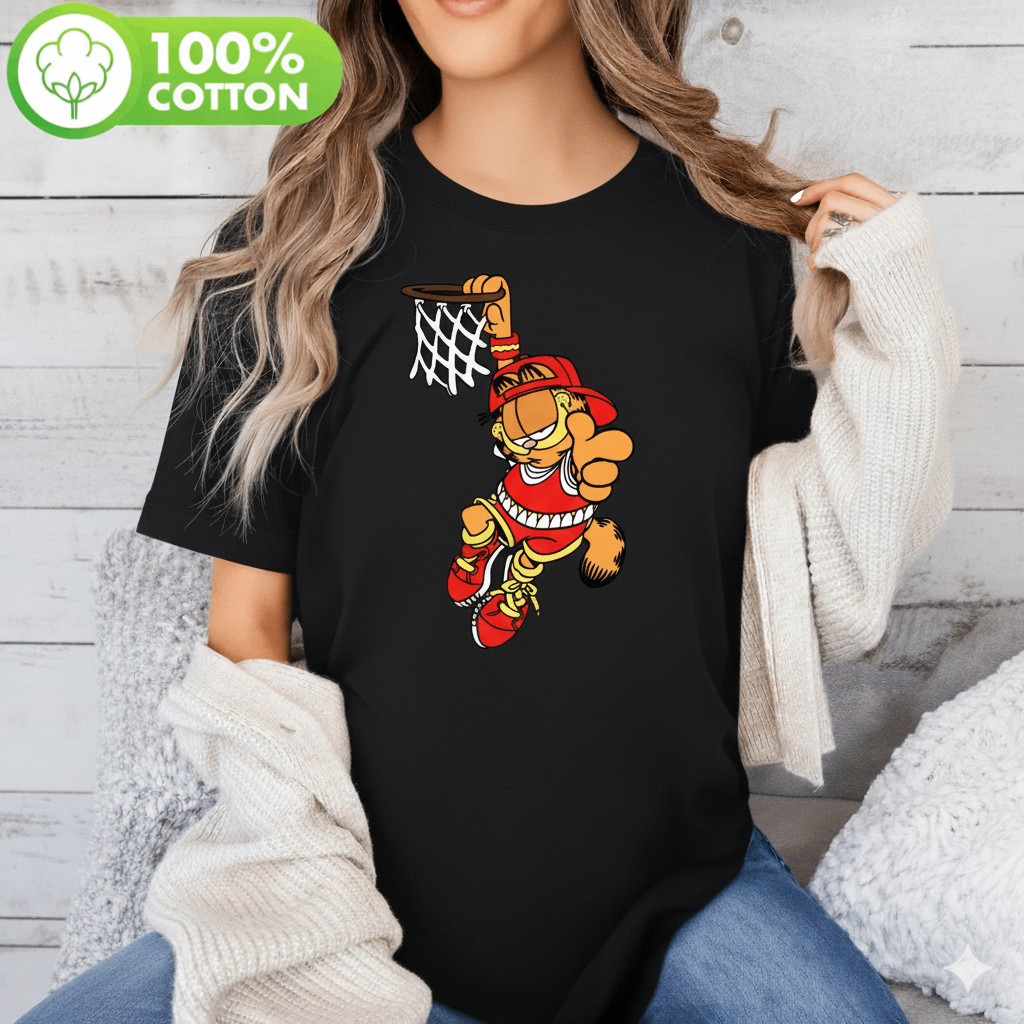 Camiseta Unissex Garfield Basquete Enterrada Cartoon Retrô Esportiva Estampada Divertida Confortável Descontraída Casual