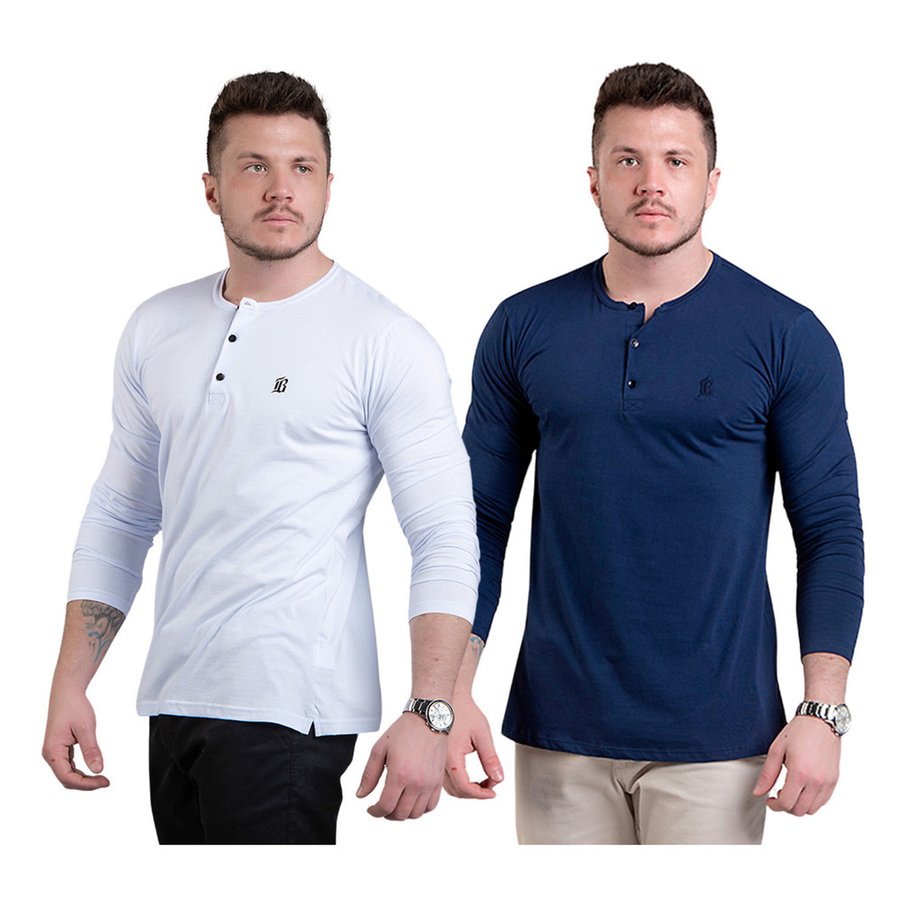 Kit 2 Camisetas Henley Manga Longa Slim Algodão Confortável
