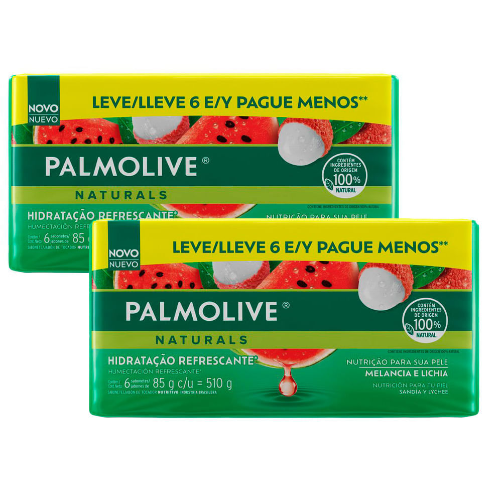 Kit 2 Sabonete em Barra Palmolive Naturals Hidratação Refrescante Melancia & Lichia com 6 Unidade de 85g cada em Oferta na Shopee