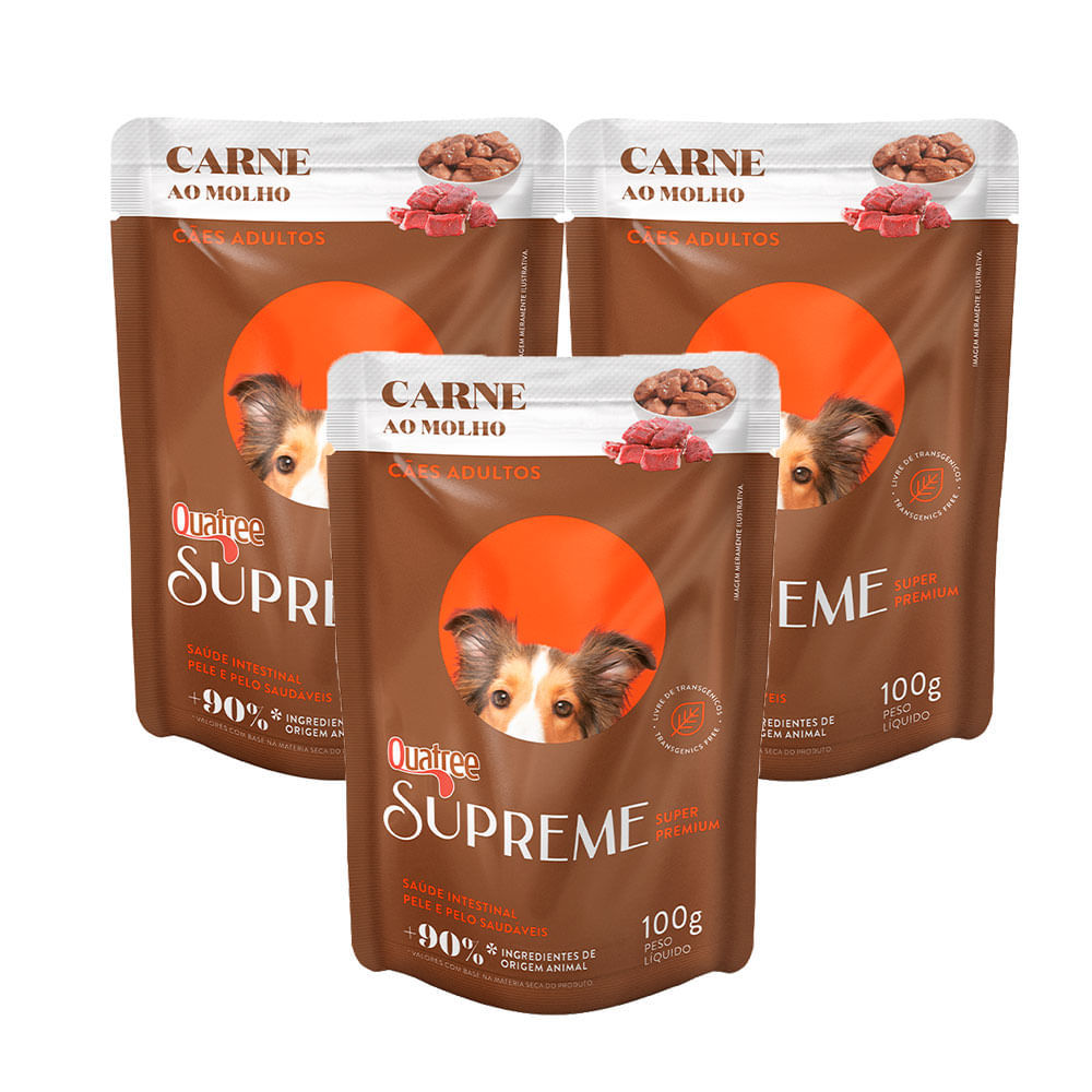 Kit 3 Ração Úmida para Cachorro Adulto Quatree Supreme Super Premium Sabor Carne ao Molho Sachê 100g em Oferta na Shopee