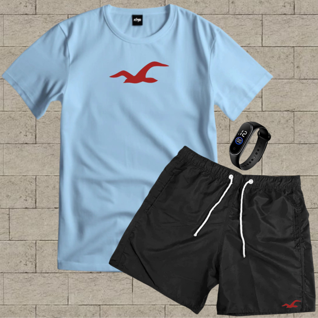 Conjunto Kit camiseta 100% algodão 30.1 HL bermuda leve para academia RELOGIO DIGITAL