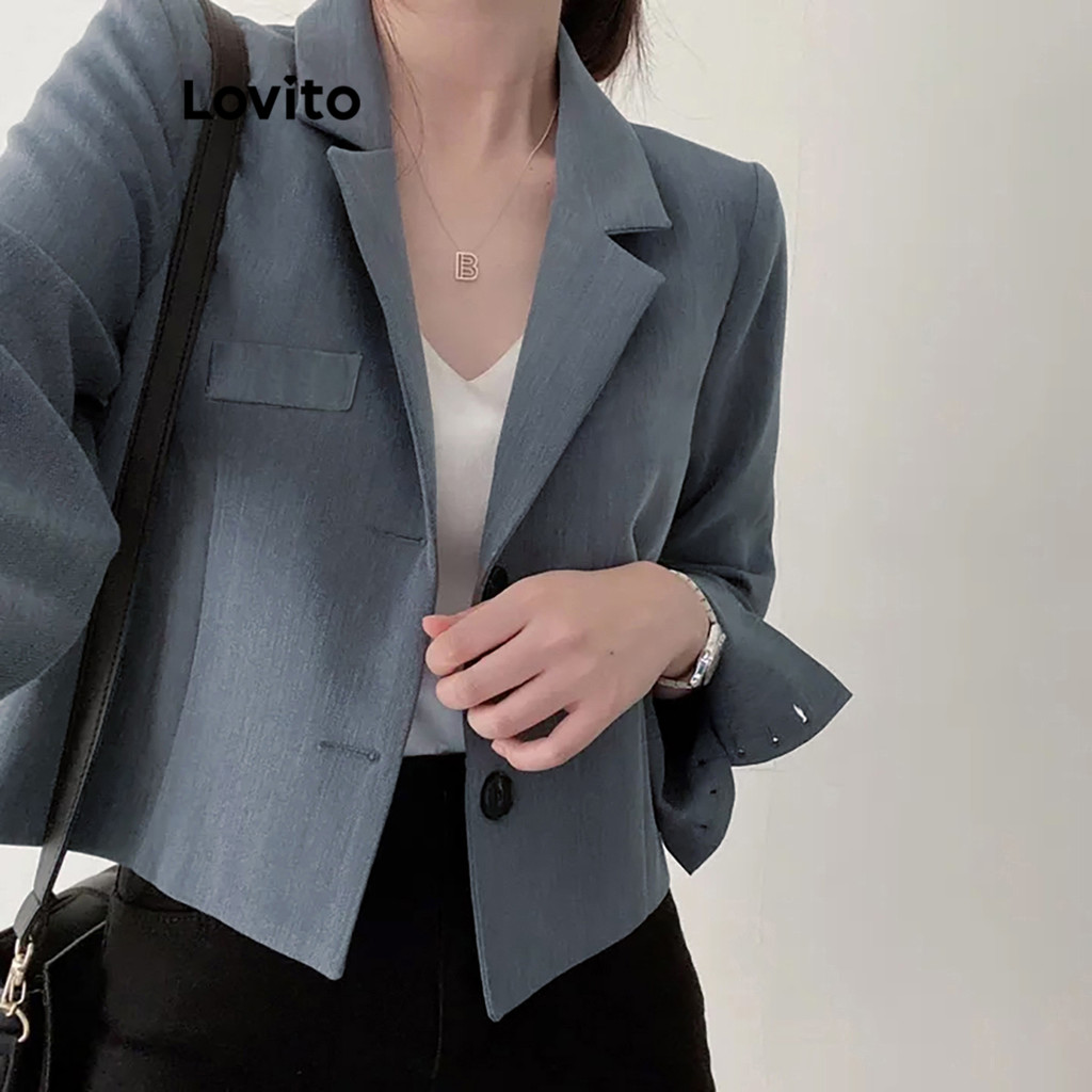 Lovito Blazer Casual Com Botão Liso E Bolso Para Mulheres LNE36029 (Cáqui/Cinza/Branco Off/Preto) em Oferta na Shopee