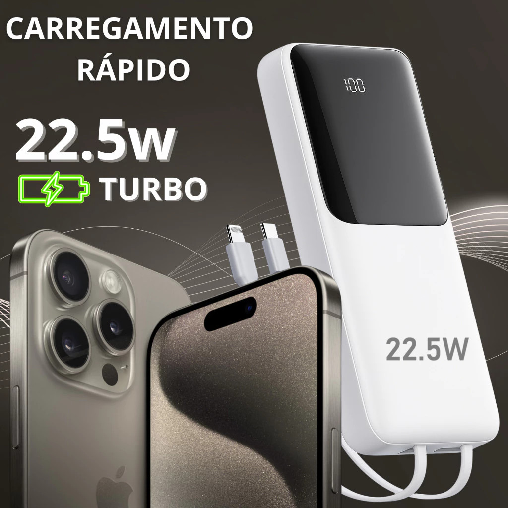 Carregador Portátil 10000mah con 2 cables de carga rápida Banco de energía digital LED