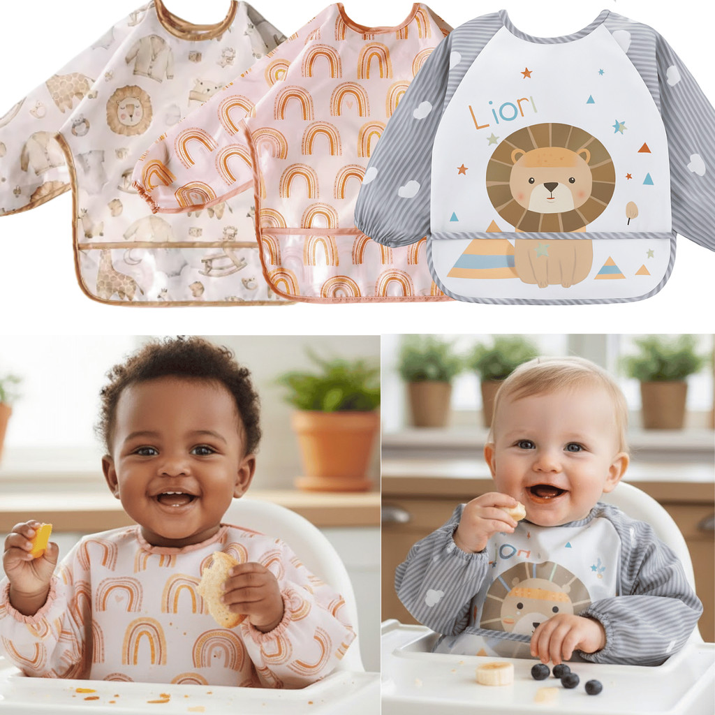 Babador Impermeável com Mangas para Bebê BLW Introdução Alimentar com Cata Migalhas Menino Menina em Oferta na Shopee