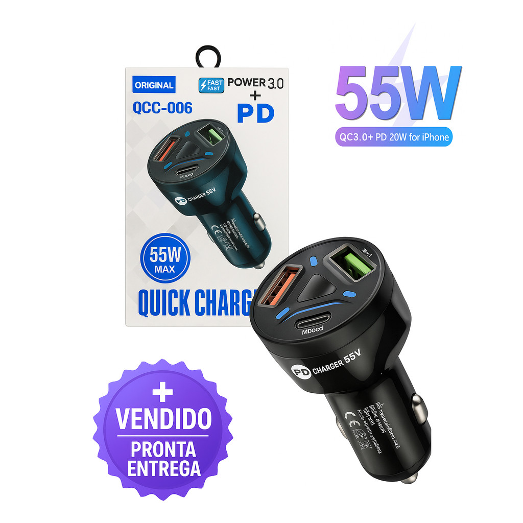 Carregador Automotivo Turbo PowerUSB Multiplo PD USB-C QC 3.0 20W Smartphones