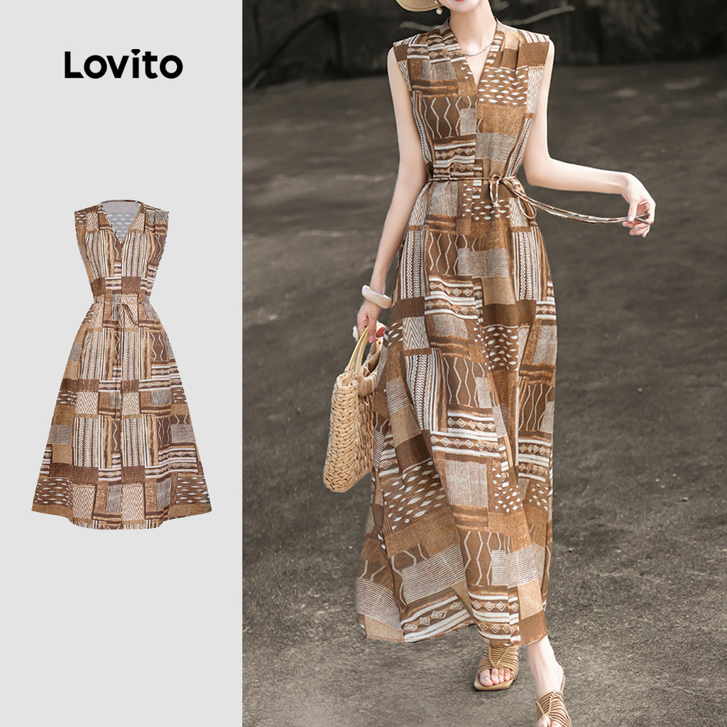 Lovito Vestido Boho de Renda com Amarração Estilo Geométrico Moda Nacional Primavera/verão para Mulheres L143ED181 em Oferta na Shopee