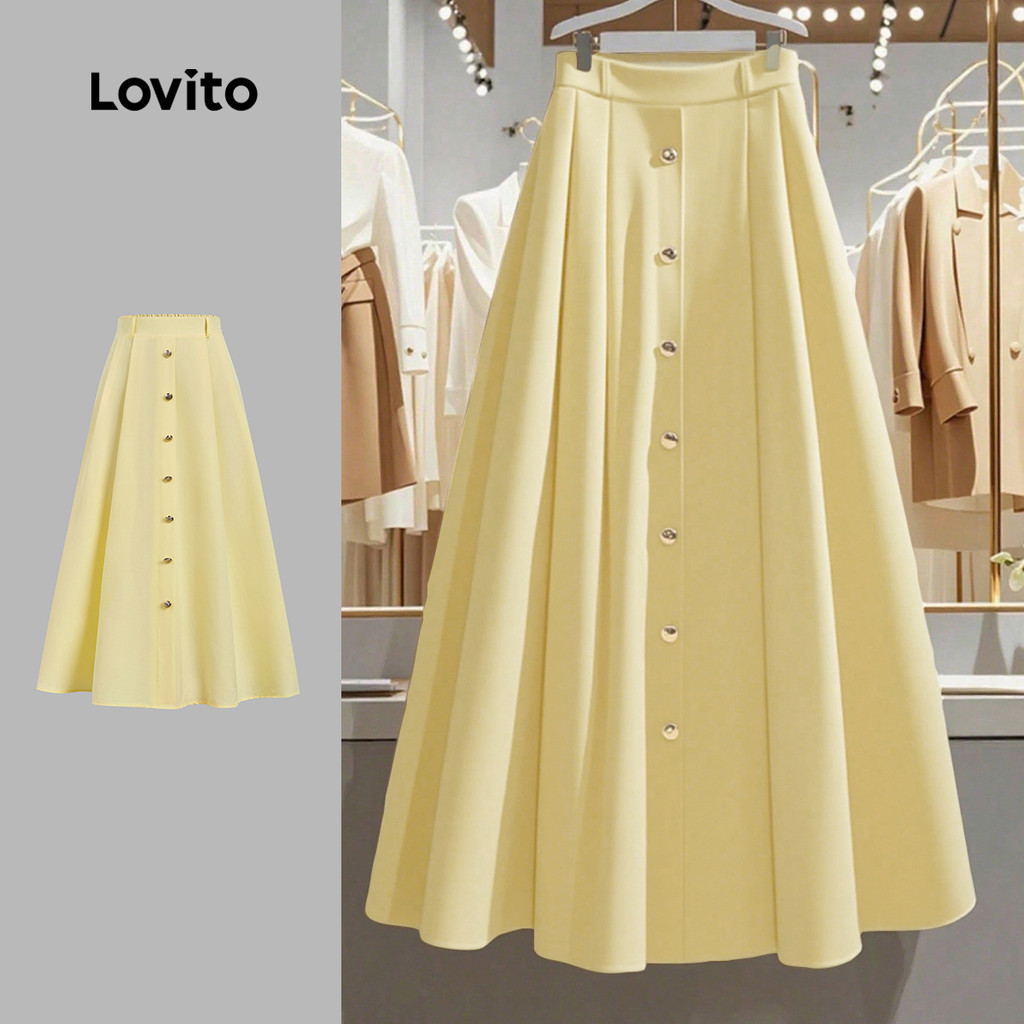 Lovito Saias Elegantes Evangélicas Com Botões E Pregas Saias Amarelas Para Primavera/verão Para Mulheres LBL30034