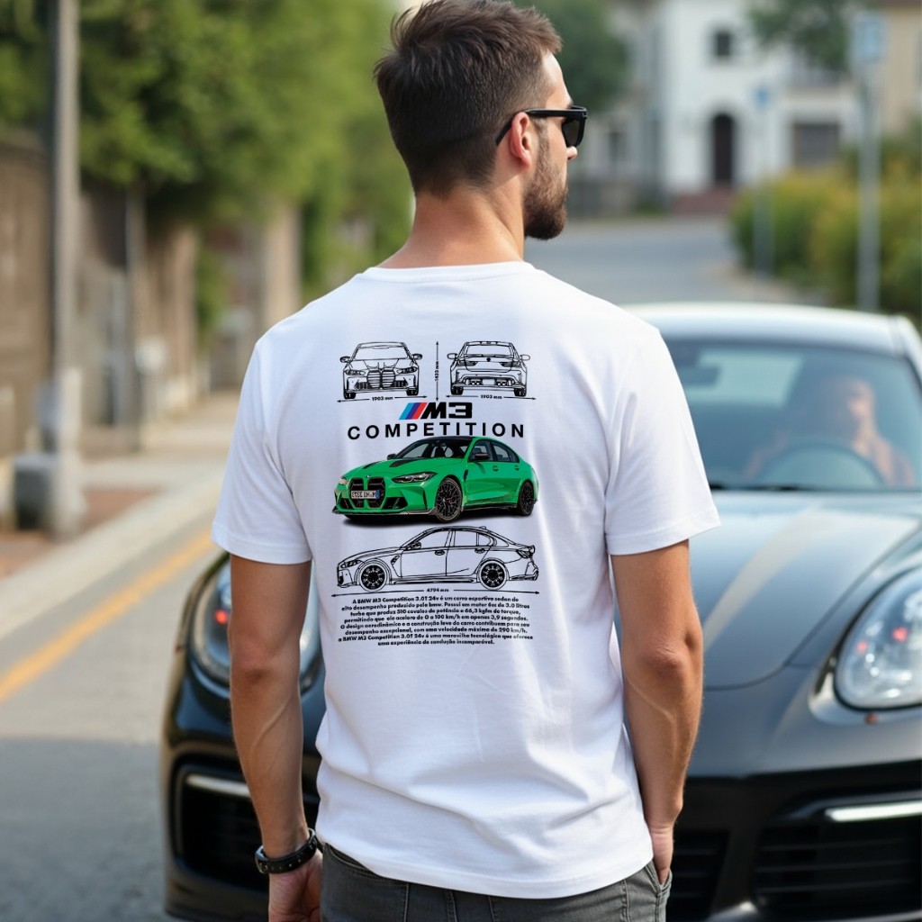 Camiseta Masculina Manga Curta Estampa BMW M3 Esportiva 100% Algodão Gola Redonda Premium