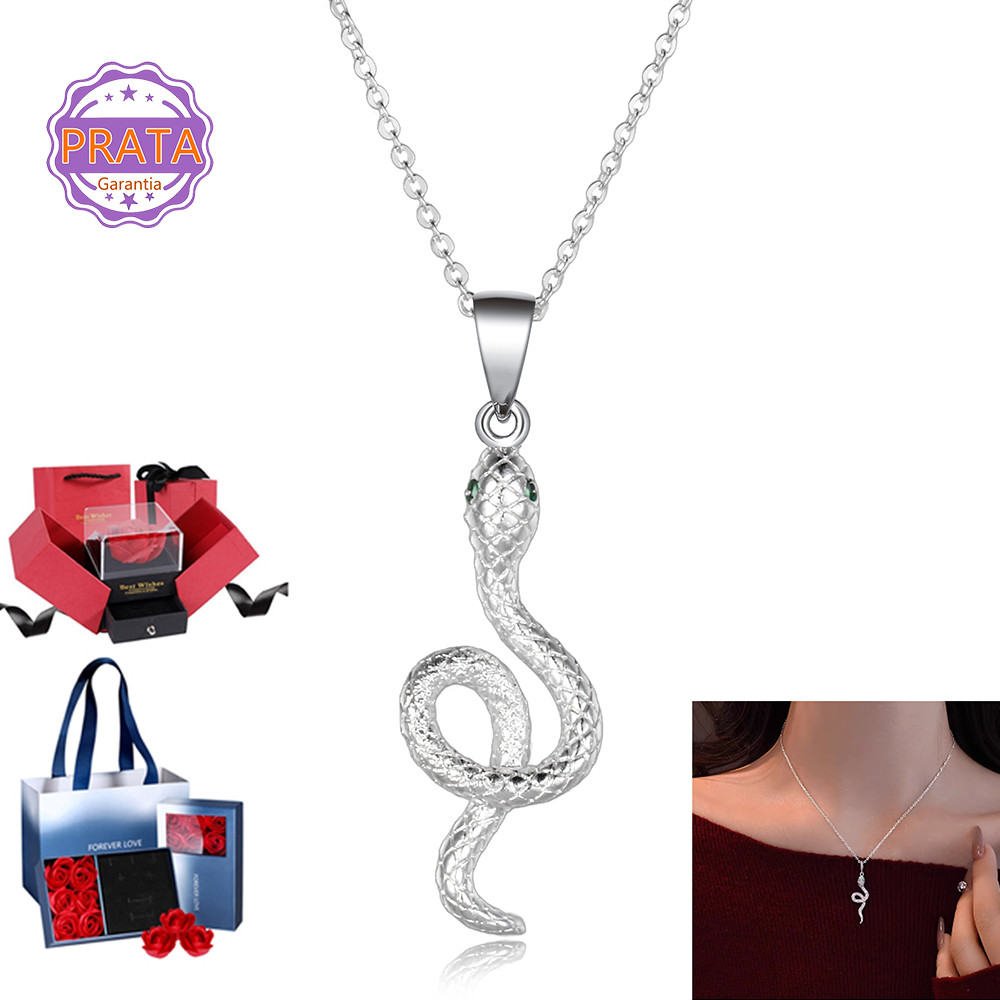 Colar Prata 925 Cobra Aro Com Pingente Zircônias Feminino Masculino Amizade Elegante Festa Luxo Joia Presente