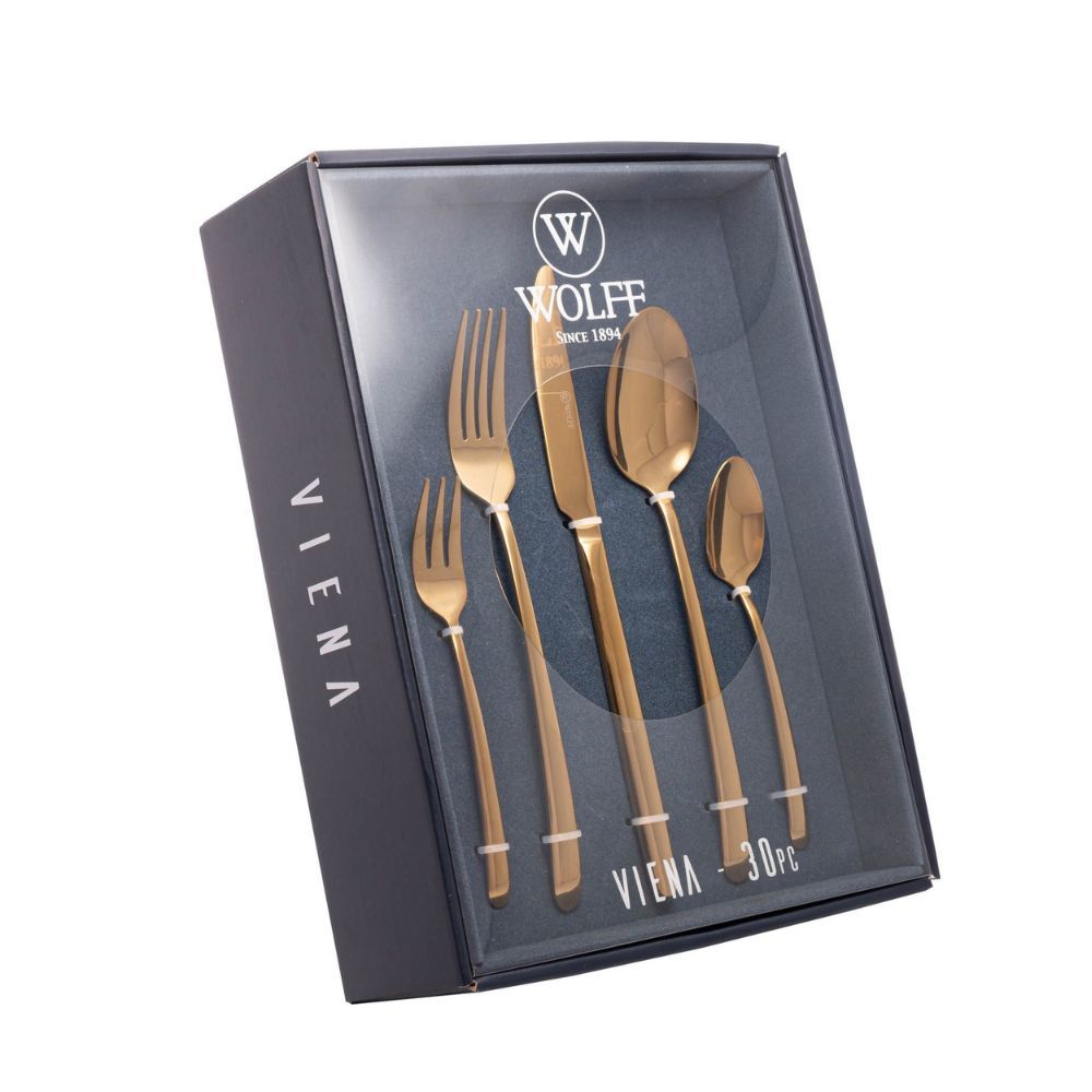 Conjunto Faqueiro Viena Dourado Jogo de Talheres 30 Peças Aço Inox Caixa Litografada Wolff
