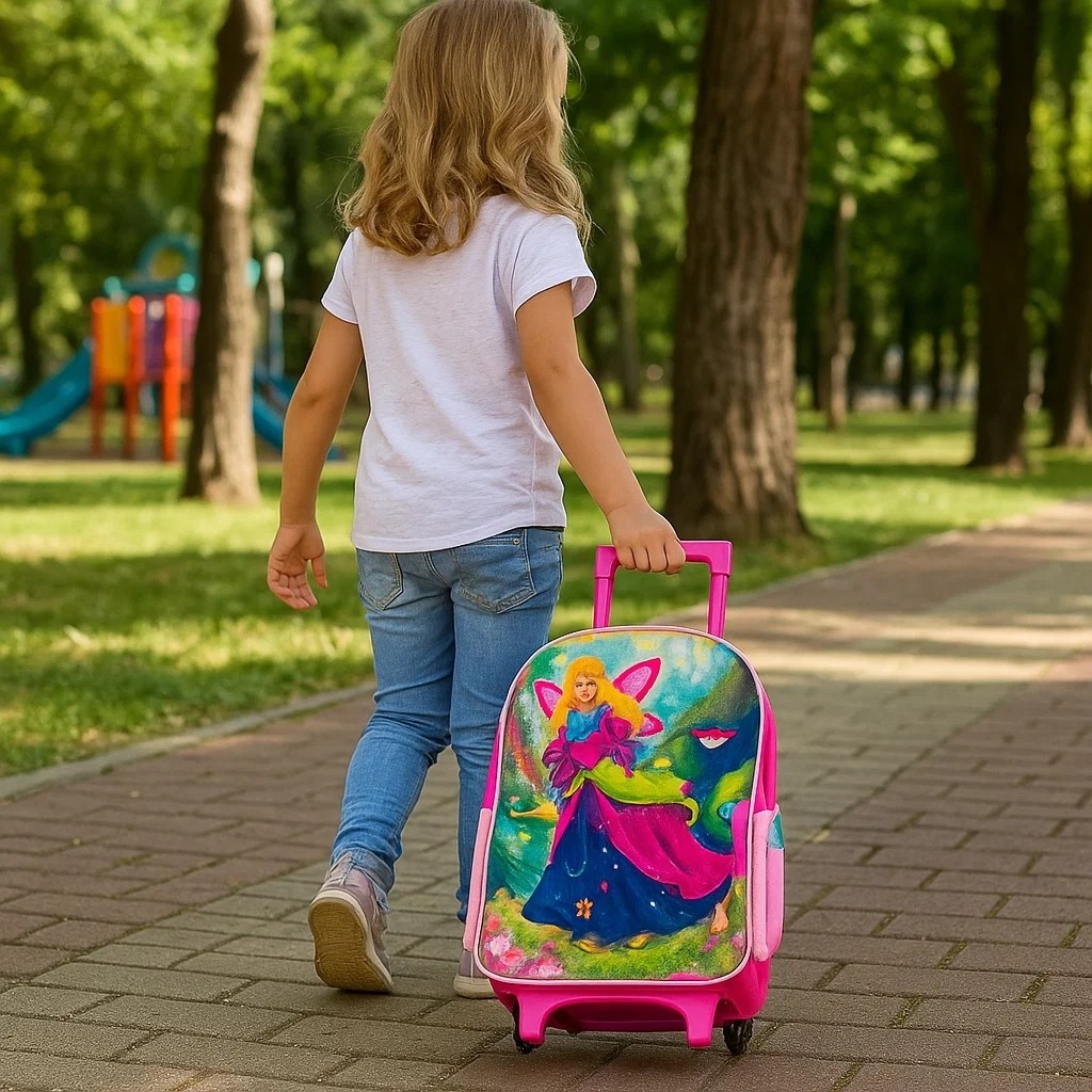 Mochila Rodinhas Escolar Infantil Princesa Rosa Carrinho Menina Personagem Bolsa Criança Levar