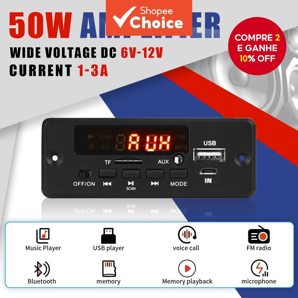 Amplificador DC 12V 50W Bluetooth 5.0 MP3 Player Placa Rádio FM TF USB 3.5mm Receptor De Módulo AUX