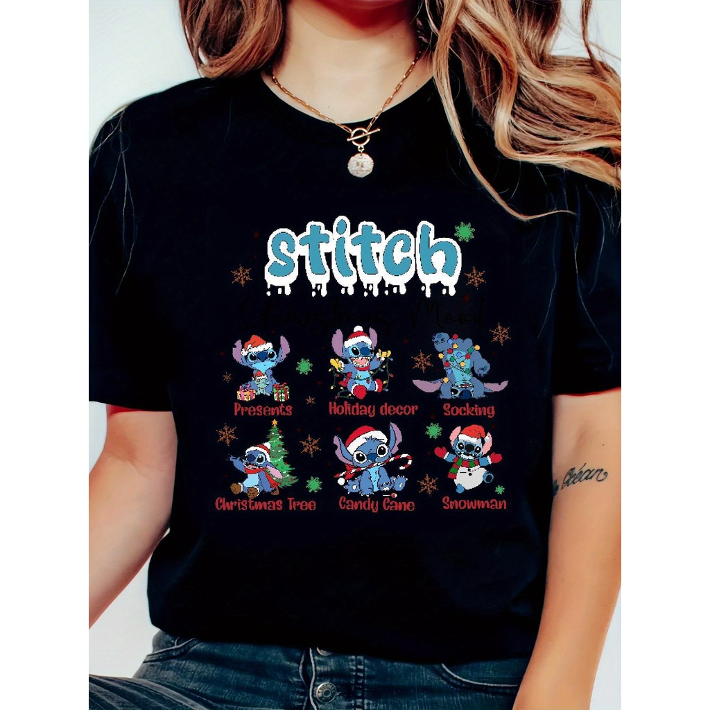 BR Moonlight Camiseta Feminina Stitch Natal Rosa Decorações Festivas Estampada Confortavel Fofa Encantadora Inverno