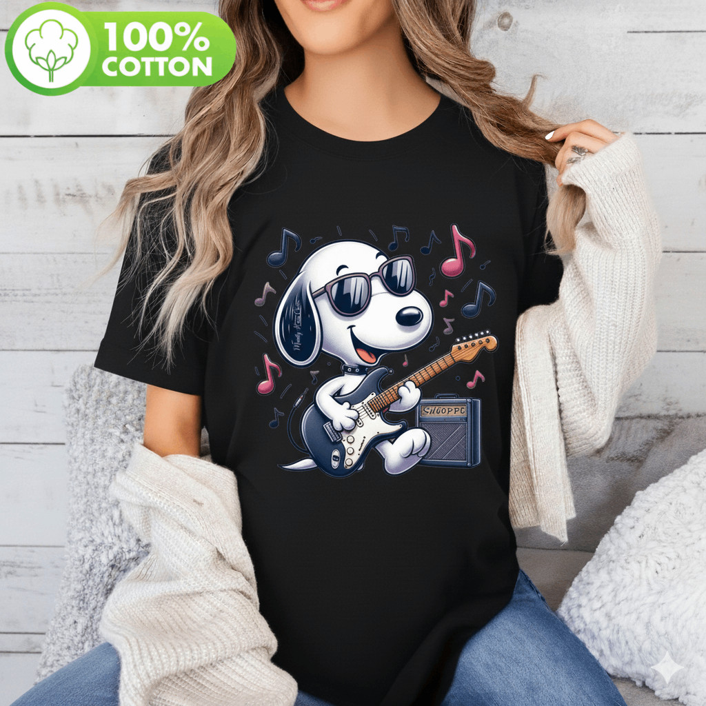 Camiseta Unissex Snoopy Rock Star Guitarra Música Algodão Estampada Divertida Estilosa Descolada Casual