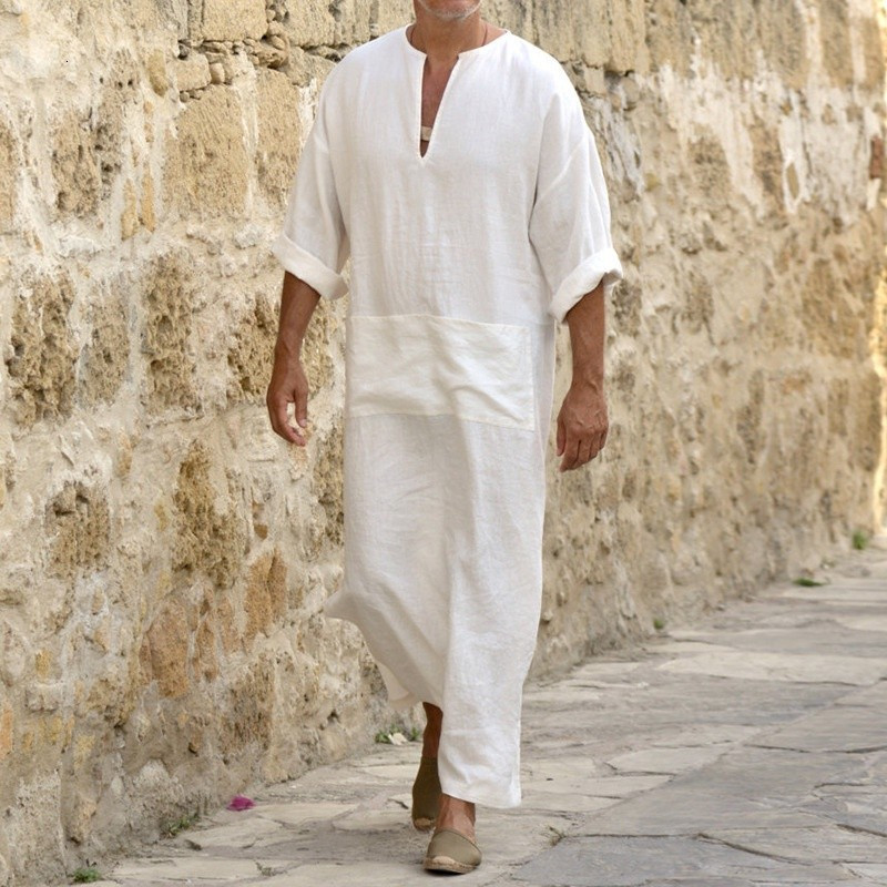 Abaya Muçulmana de Linho Macio para Homens Vestido Islâmico de Dubai Kaftan Árabe Roupas Jubba Thobe Qamis Homme Isla BA