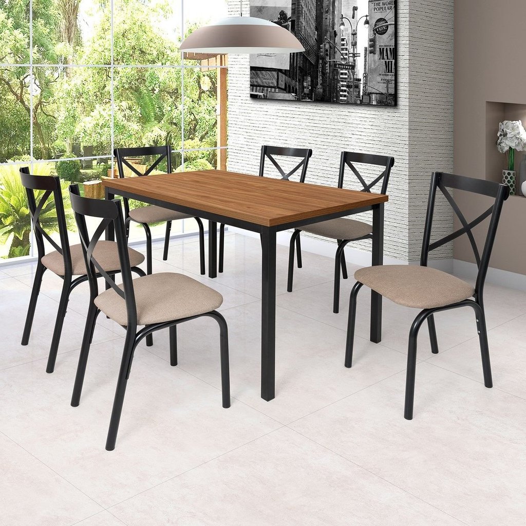 Conjunto Karina Flex 1,36m Tampo Laminado com 6 Cadeiras Preto Fosco/Bege/Amêndoa em Oferta na Shopee