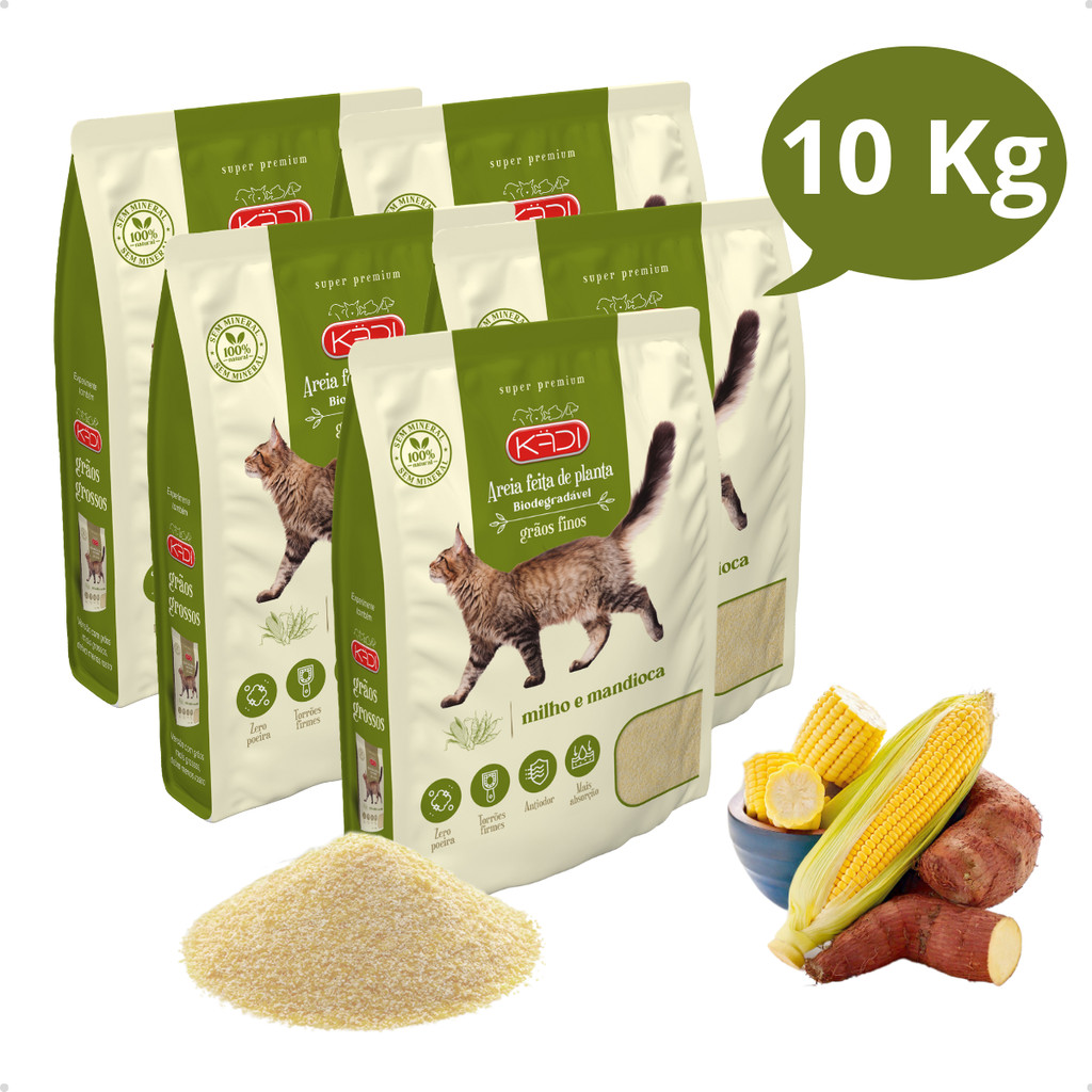 Kit 5 Areia Sanitária Higiênica Natural Biodegradável Grãos Finos Milho e Mandioca Gatos Kadi 10 kg em Oferta na Shopee