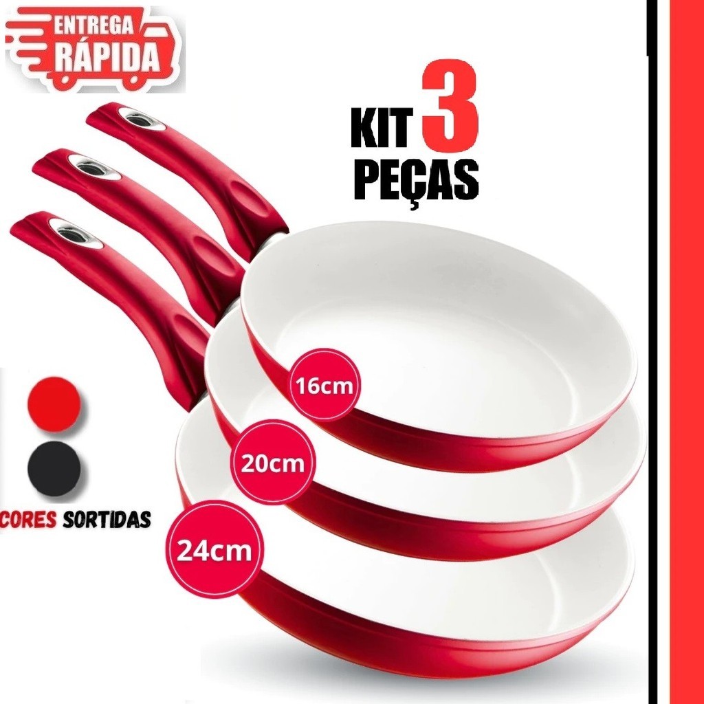 3/1 unidade Frigideira Vermelha Antiaderente de Cerâmica 16CM, 20CM, 24CM, Cabo De Silicone Utilidades Multiuso
