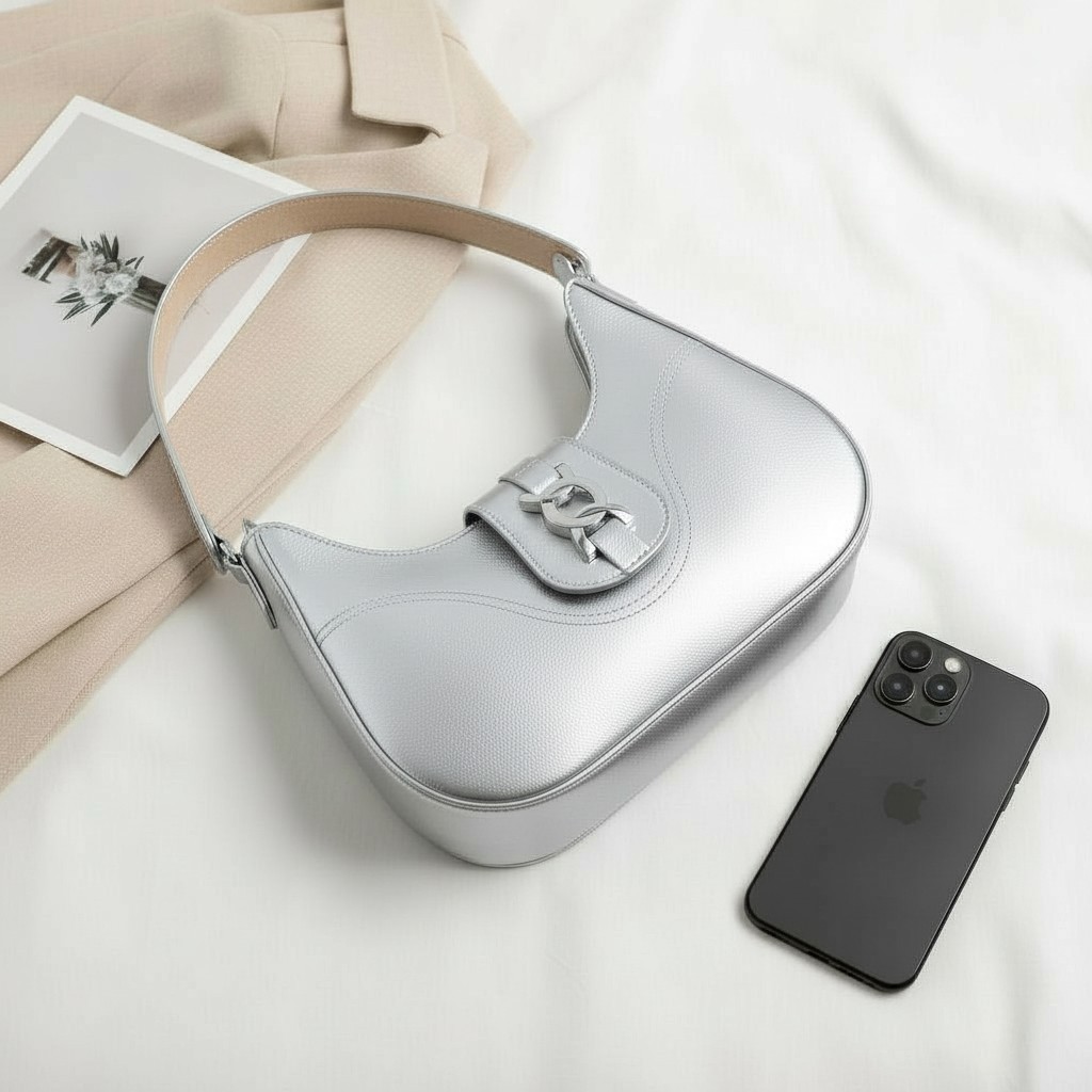 Bolsa Feminina Baguete Prata Média De Ombro Alça Grossa Estilosa Casual fecho em ziper