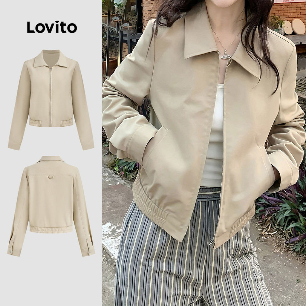 Lovito Jaqueta Casual Confortável Estilosa Zíper Clássica Versátil Outono/inverno Na Cor Cáqui Mulheres L151AD086 em Oferta na Shopee