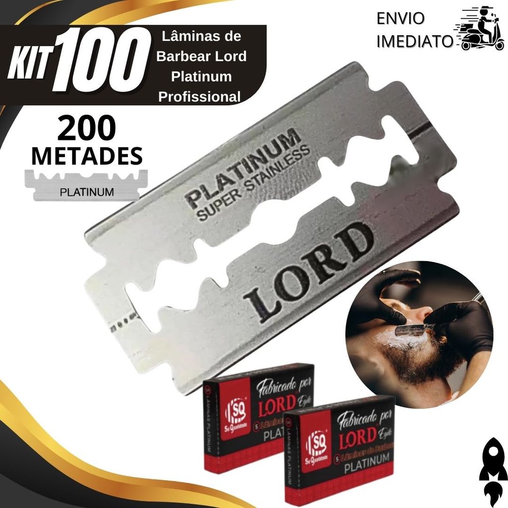 Kit 100/50/25 Lâminas Lord Platinum para Navalhetes Barbear Preciso Aço Inox Uso Profissional Barbearia