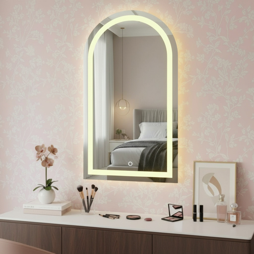 Espelho Arco 100x60 Lapide Jateado Base Reto C/ Led E Touch Closet Camarim