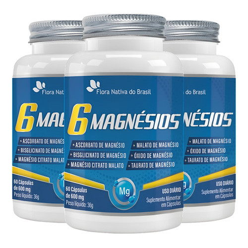Kit 3X 6 Magnésios (Taurato, Malato, Citrato, Ascorbato, Quelato e Óxido) 60 cápsulas - Flora Nativa