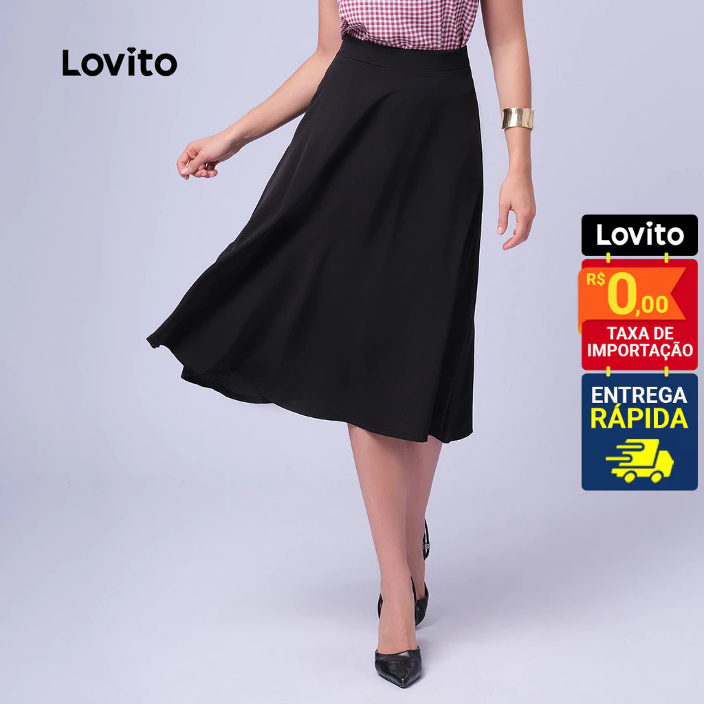 Detalhes do Lovito Saia Midi Rodada Vermelha e Preta Feminina Lisa LB412BRL441