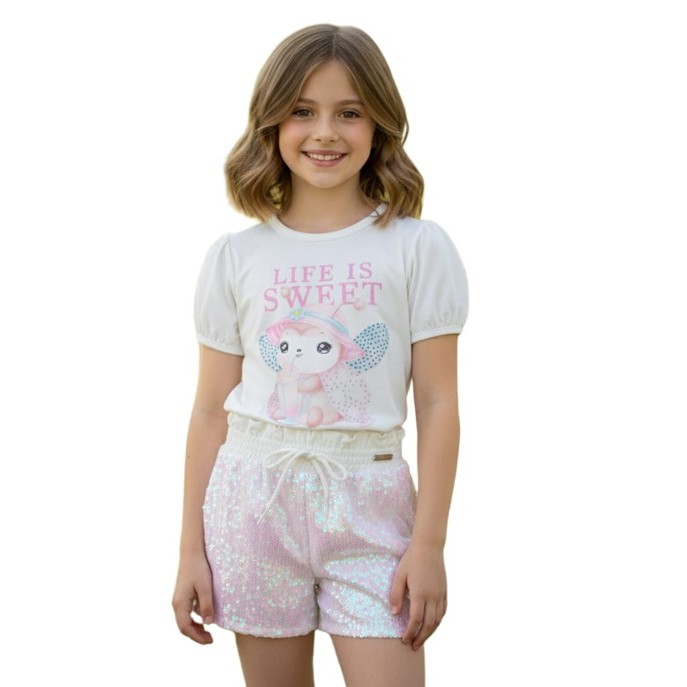 Conjunto Infantil Menina Blusa Cotton C/Short Malha Paete