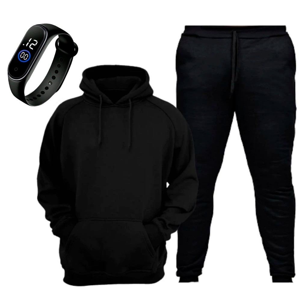 Kit Conjunto Moletom Canguru Capuz Bolso + Calça Moleton Flanelada Jogger + Relogio Unissex Inverno