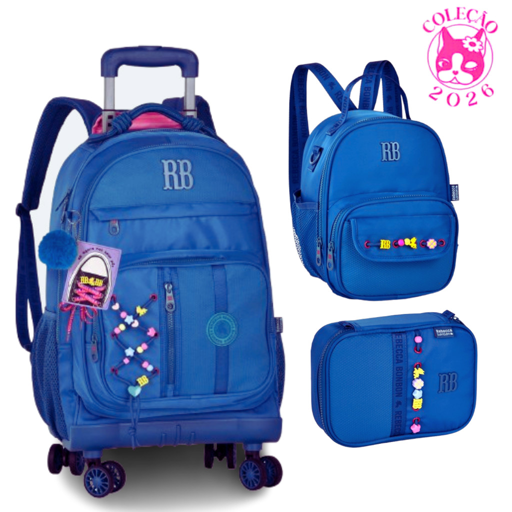 Kit Mochila de Rodinhas 360º Com par de Cadarços,Estojo e Lancheira Rebecca Bonbon Beaded Fun