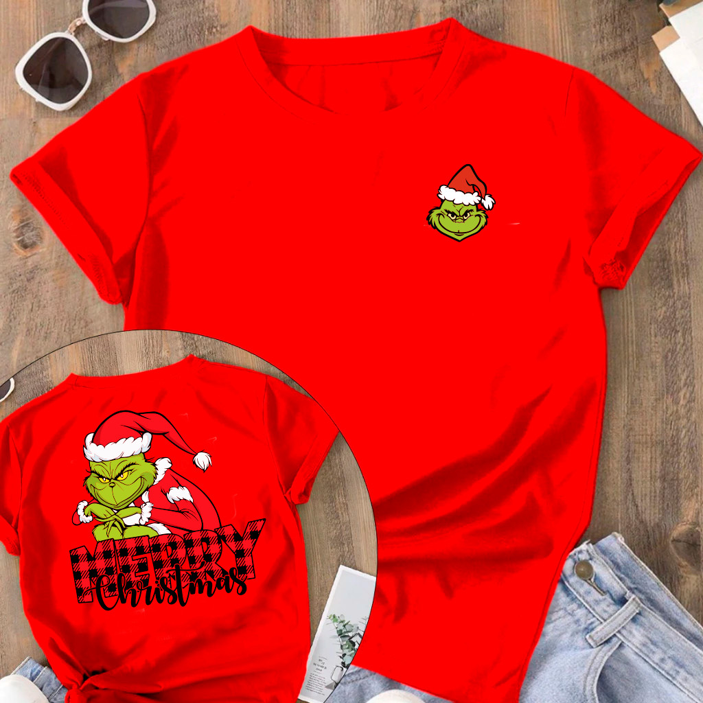 [Camiseta Premium em Algodão Puro]SISI Camiseta Oversized Natal Grinch Merry Green Camisa Estampada 100% Algodão