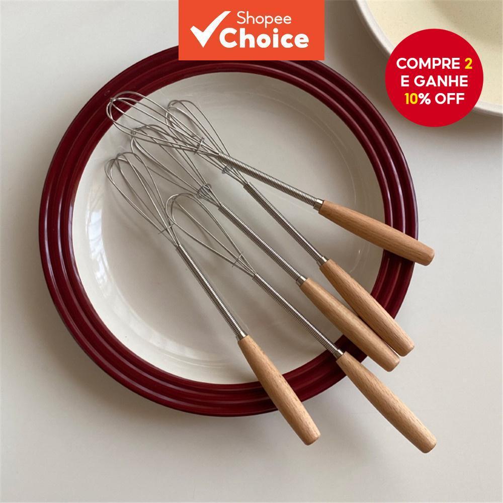 Novo Mini Batedor de Ovos Portátil com Cabo de Madeira para Cozinha - Batedor de Creme e Manteiga em Aço Inoxidável