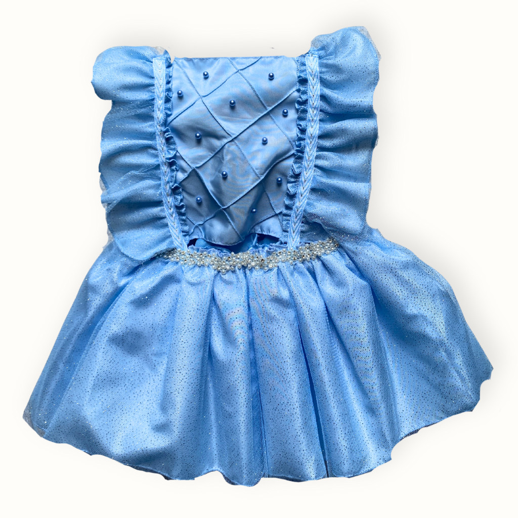Vestido Infantil Jardim das Borboletas, Cinderela, Luxo Romper com Tule Fru-Fru e Alça Regulável Cor Azul