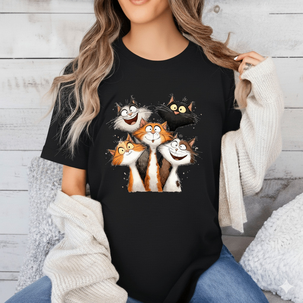 Camiseta Unissex Gatos Cartoon Grupo Engraçados Algodão Estampada Confortável Divertida Fofa Casual