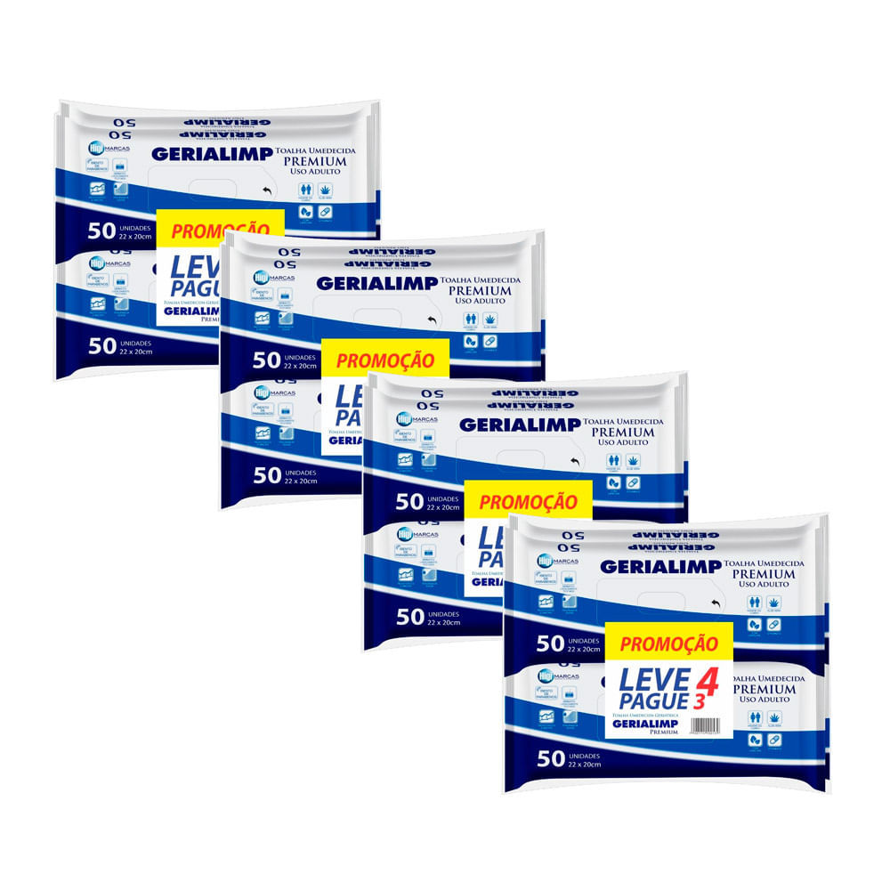 Kit 4 Toalha Umedecida Gerialimp Premium com 4 Pacotes de 50 Unidades cada em Oferta na Shopee