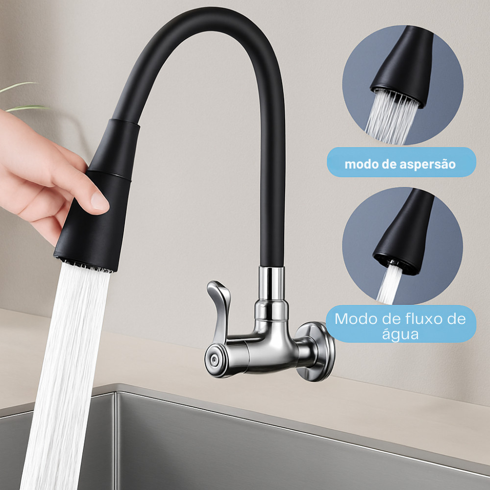 Torneira Inox Prata flexível Duplo Jato Cone com chuveiro com rotação de 360° Cozinha Luxo Parede