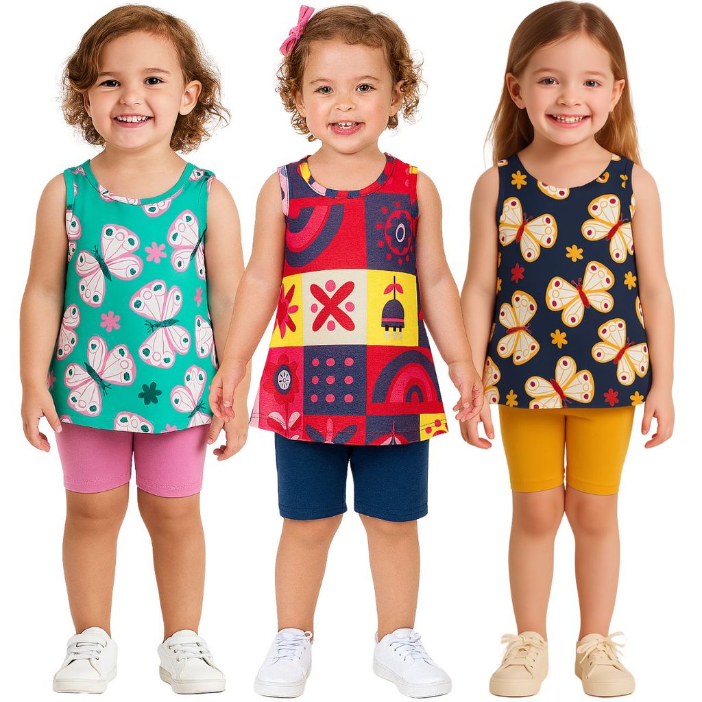 Kit 3 Conjuntos Infantil Menina Blusa Regata e Short  Kyly em Oferta na Shopee