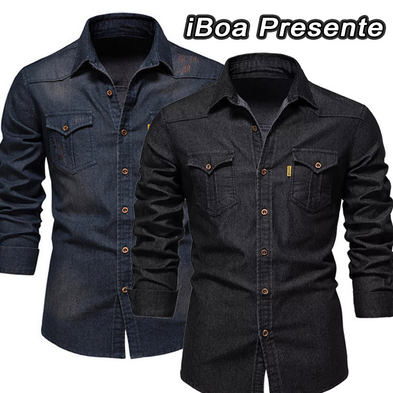 Nova Camisa Jeans Masculina Casual Cor Sólida Sem Ferro Camisa De Manga Comprida em Oferta na Shopee