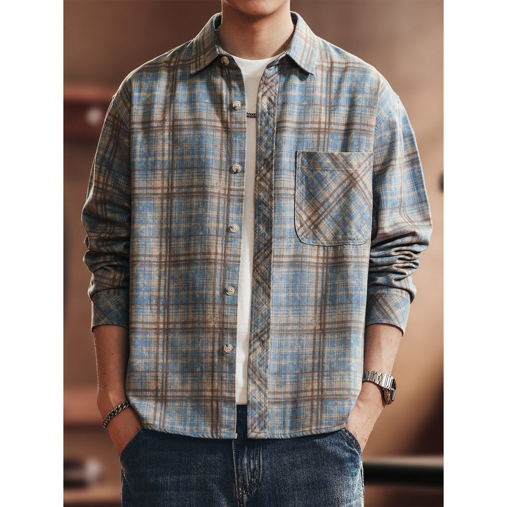 G azul cervos estilo americano contraste cor escovado xadrez camisa de manga comprida masculina 2026 outono novo estilo 