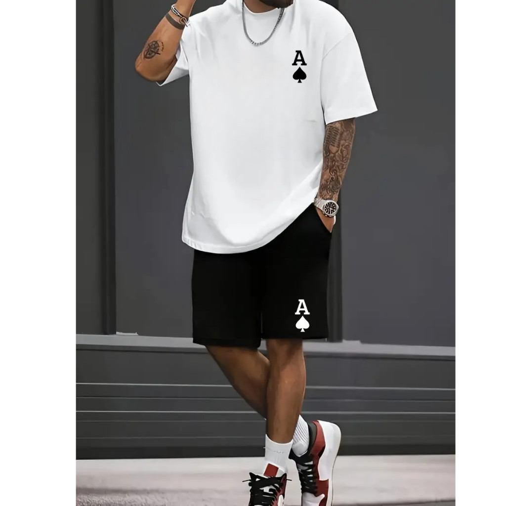 Kit Camiseta E Short Tactel Masculino Baralho Camisa Basica Confortavel Treino Academia Conjunto
