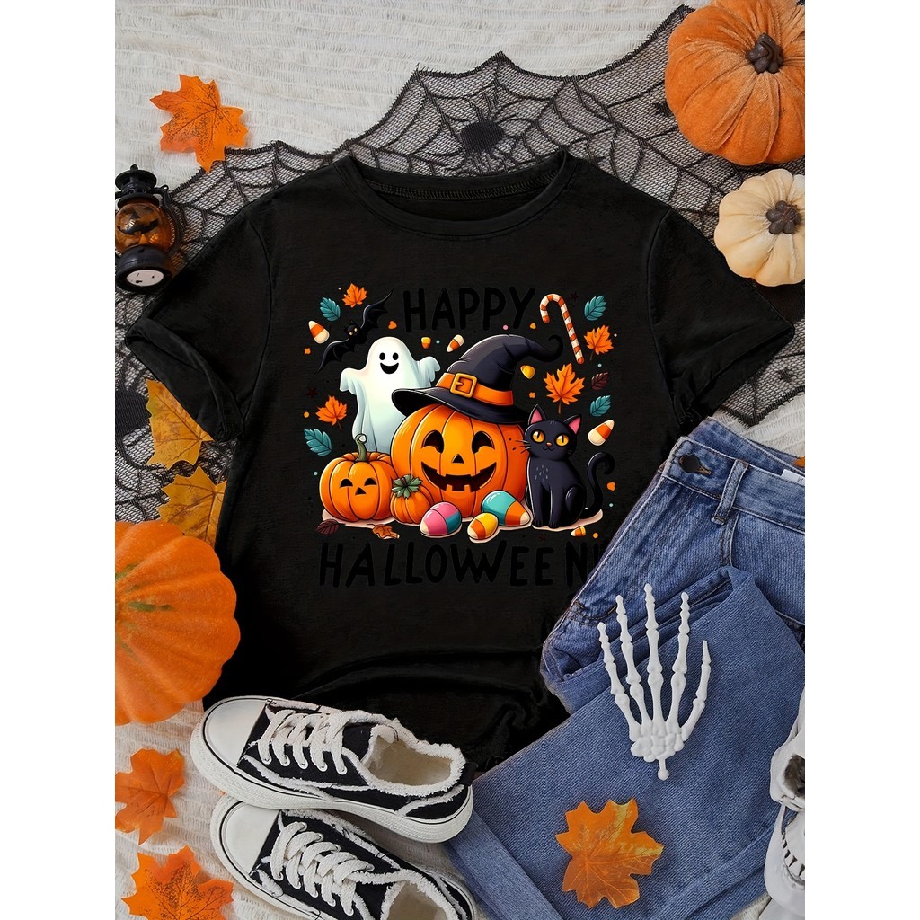 T-shirt 30.1 Camiseta Feminina  Halloween Abóbora Gato Assustador, Oversized 100% Algodão Confecção Própria Premium Envi