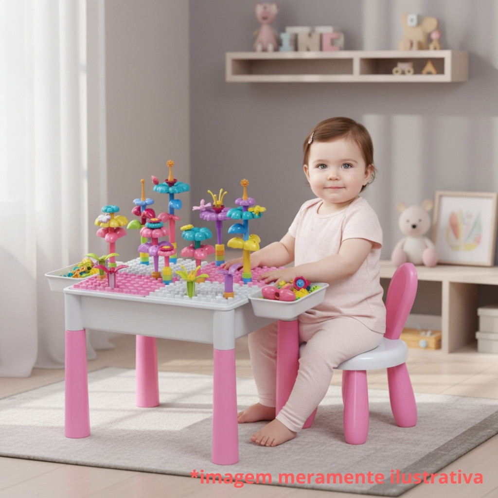 Mesa Mesinha E Cadeira Didática Para Brincar Estudar Infantil Com Blocos de Montar