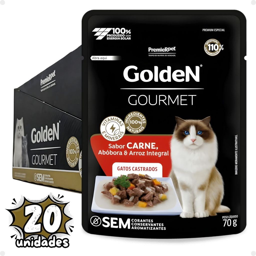 Kit 20 Sachês Golden Gourmet Gato Castrado Sabor Carne 70g