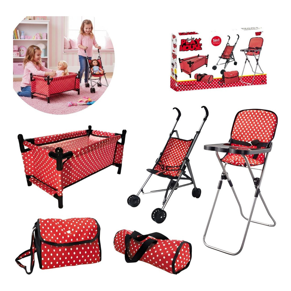 Kit Carrinho de Boneca Infantil 5 Peças Vermelho ImportWay com Cadeira, Bercinho, Mochila e Acessórios em Oferta na Shopee