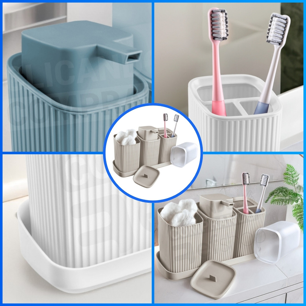 Kit Trio ou Duo Banheiro Lavabo com Porta Escova Algodão e Sabonete em Oferta na Shopee