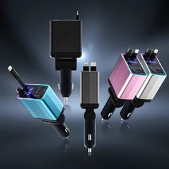 Carregador de carro retrátil carregador rápido de para carro 4 em 1 para iPhone/Android com luz LED