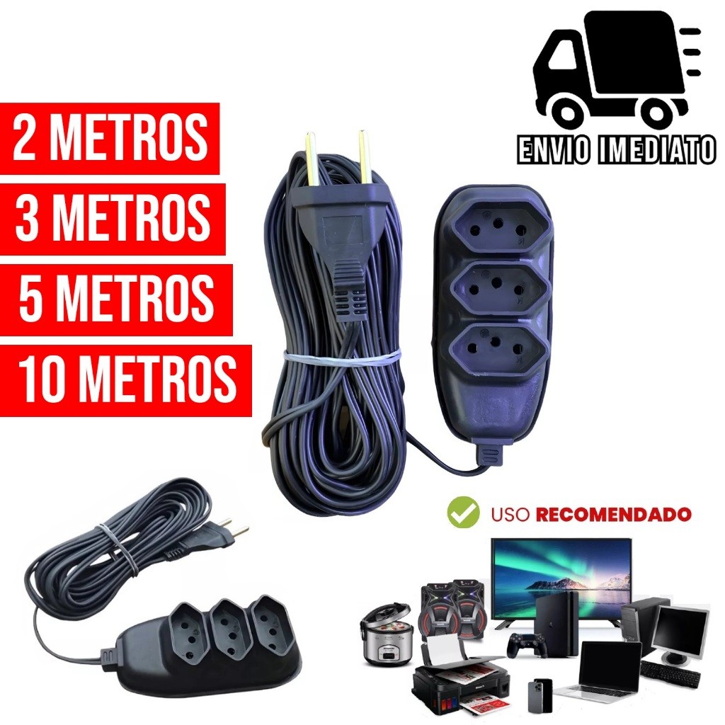 Extensão Elétrica com 3 Tomadas Bivolt 110v 220v Tripolar Alexa Compacta 2 3 5 e 10 Metros em Oferta na Shopee