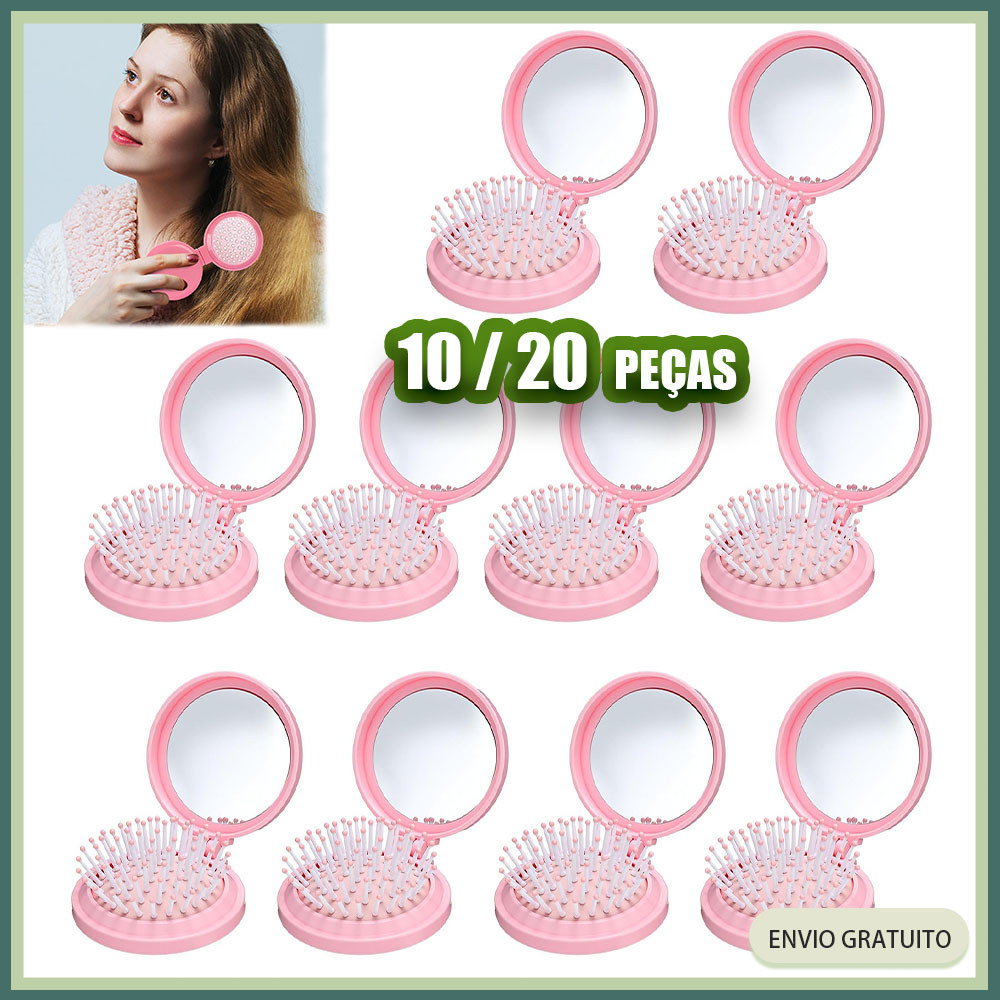 Kit 10/20 Rosa Escova de cabelo com espelho dobrável escova de cabelo redonda com espelho pente de viagem